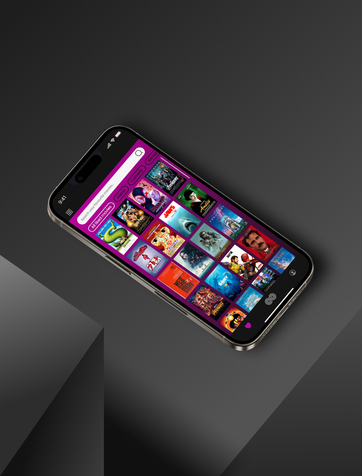 Infinimatch app screenshot showing a grid of liked movies